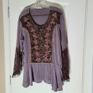 Indigo thread long sleeve velvet and rayon blouse with embroidery. Size XL.